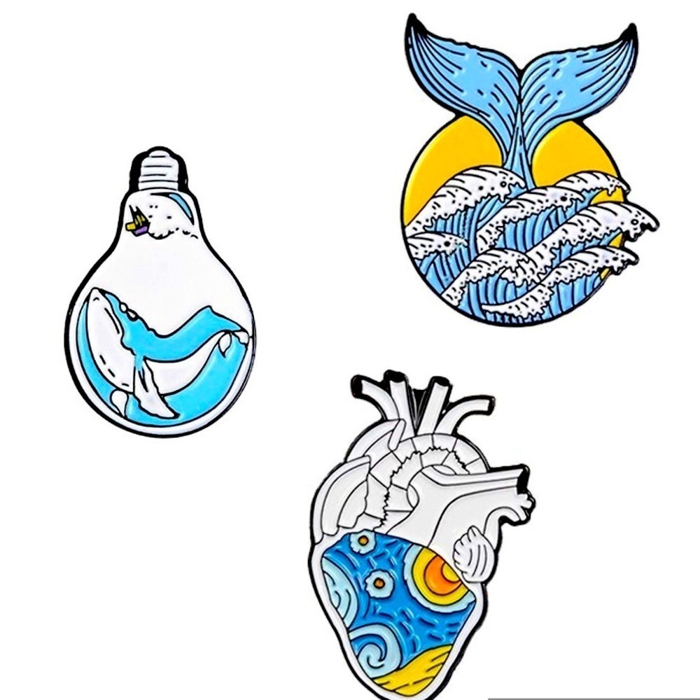 Enamel Ocean Wave Brooch Set, Scrub Pin Collector